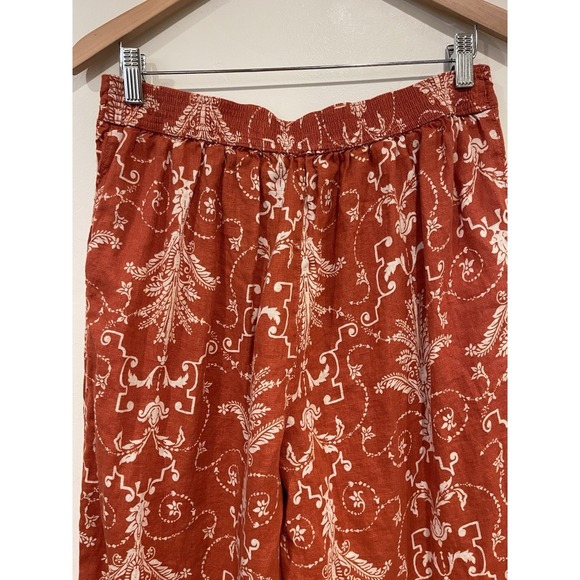 TAHARI 100% Linen Wide Leg Pants Burnt Orange Damask Boho Coastal Grandma L - Picture 3 of 9